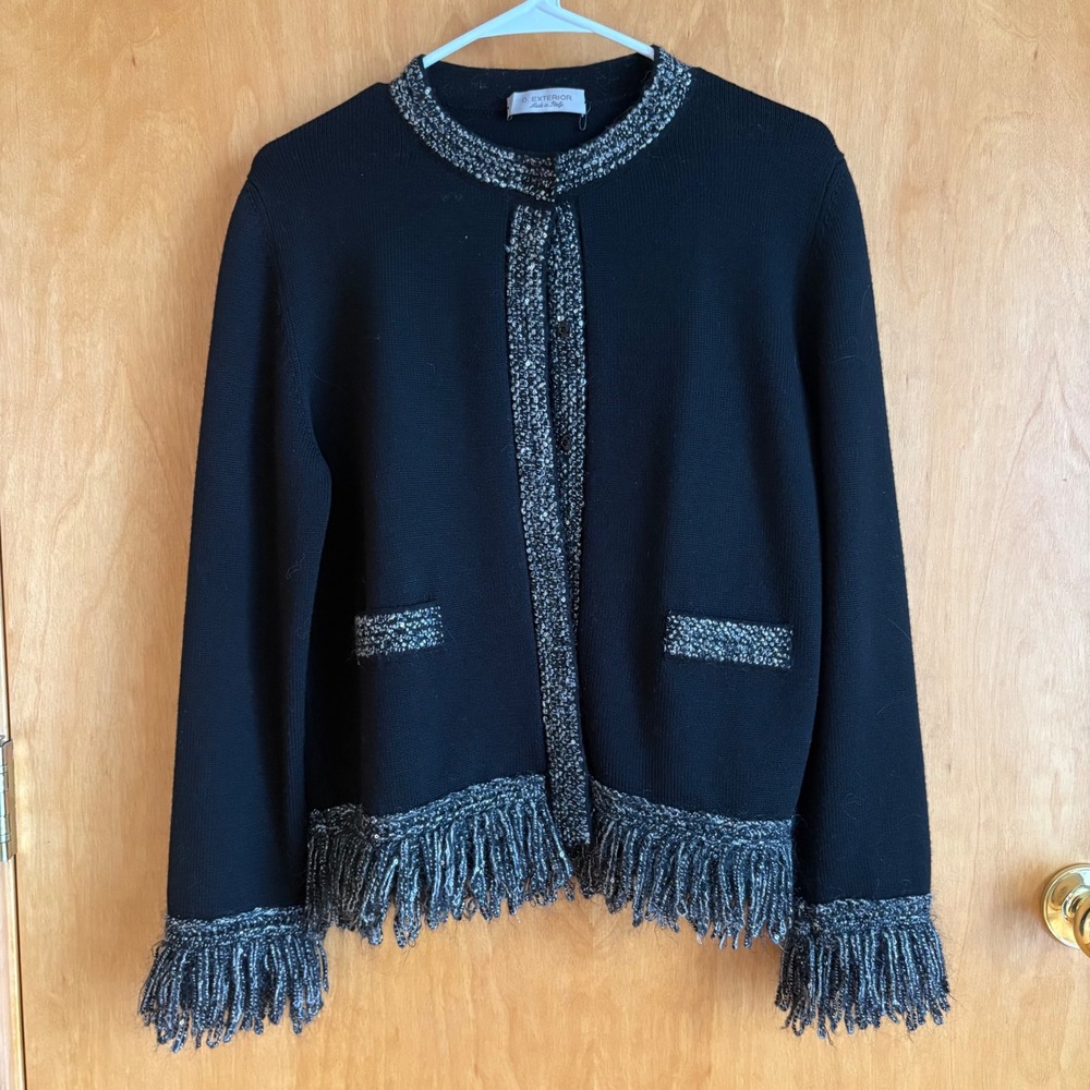 D. Exterior Cardigan Women Size M Black Wool‎ Alpaca Sequin Fringe Trim Italy